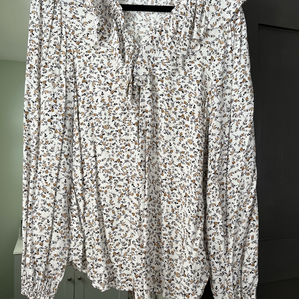 LOFT Cream Floral Tie-Neck Long Sleeve Blouse